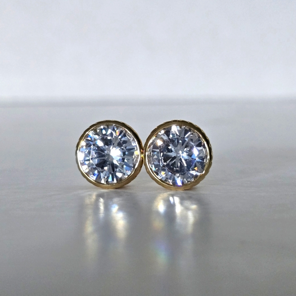 Vintage Gold-Tone Large Bezel Round Cubic Zirconia Stud Earrings